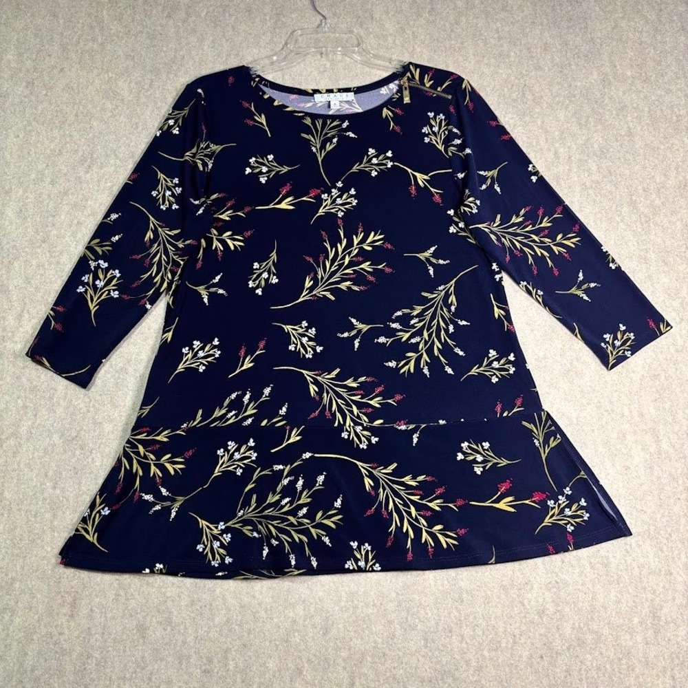 Chaus Tunic Top Womens Medium Blue Floral Poly Spandex Peplum Boho Chic Blouse